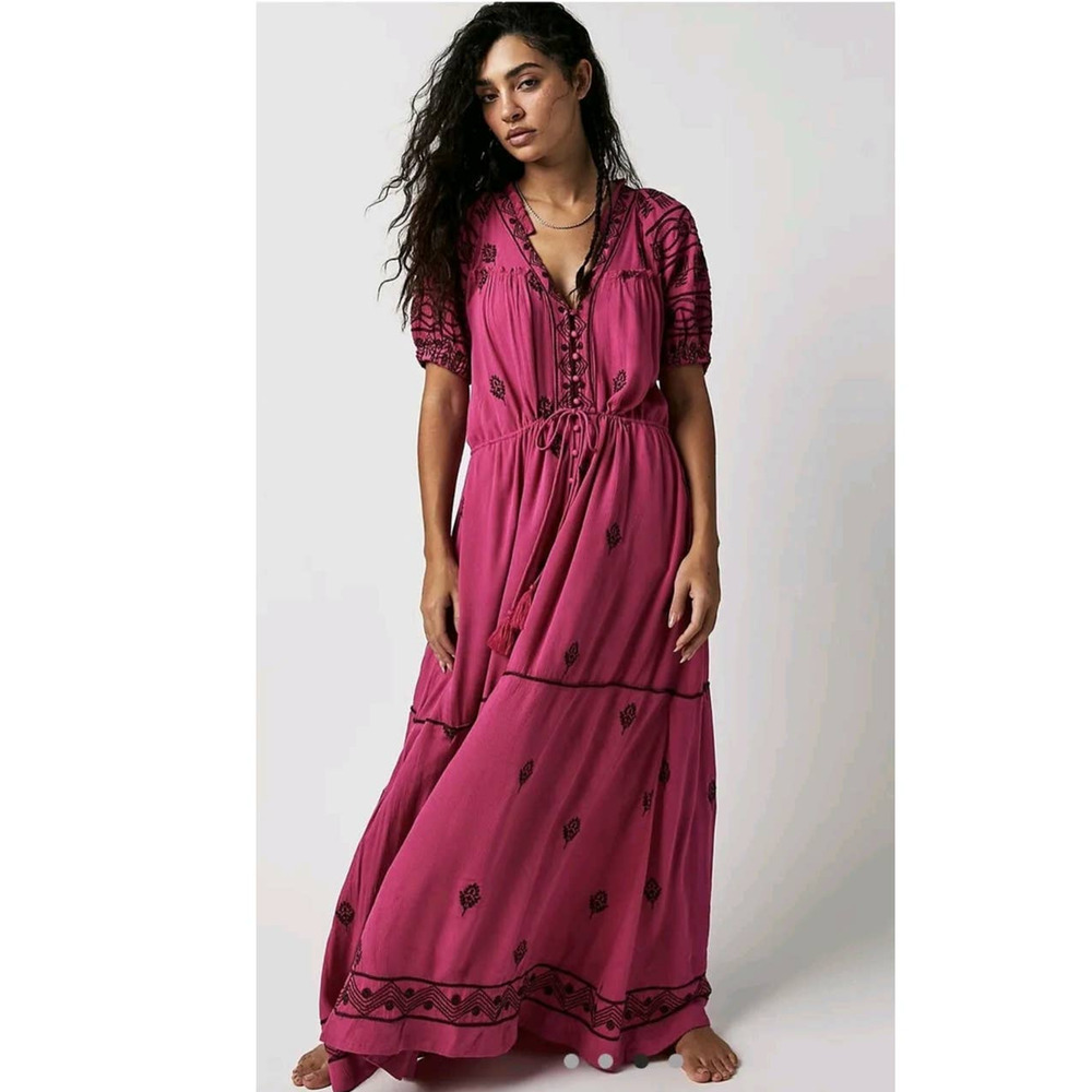 New Free People Riley Embroidered Boho Midi Dress $188 X-SMALL Button Front